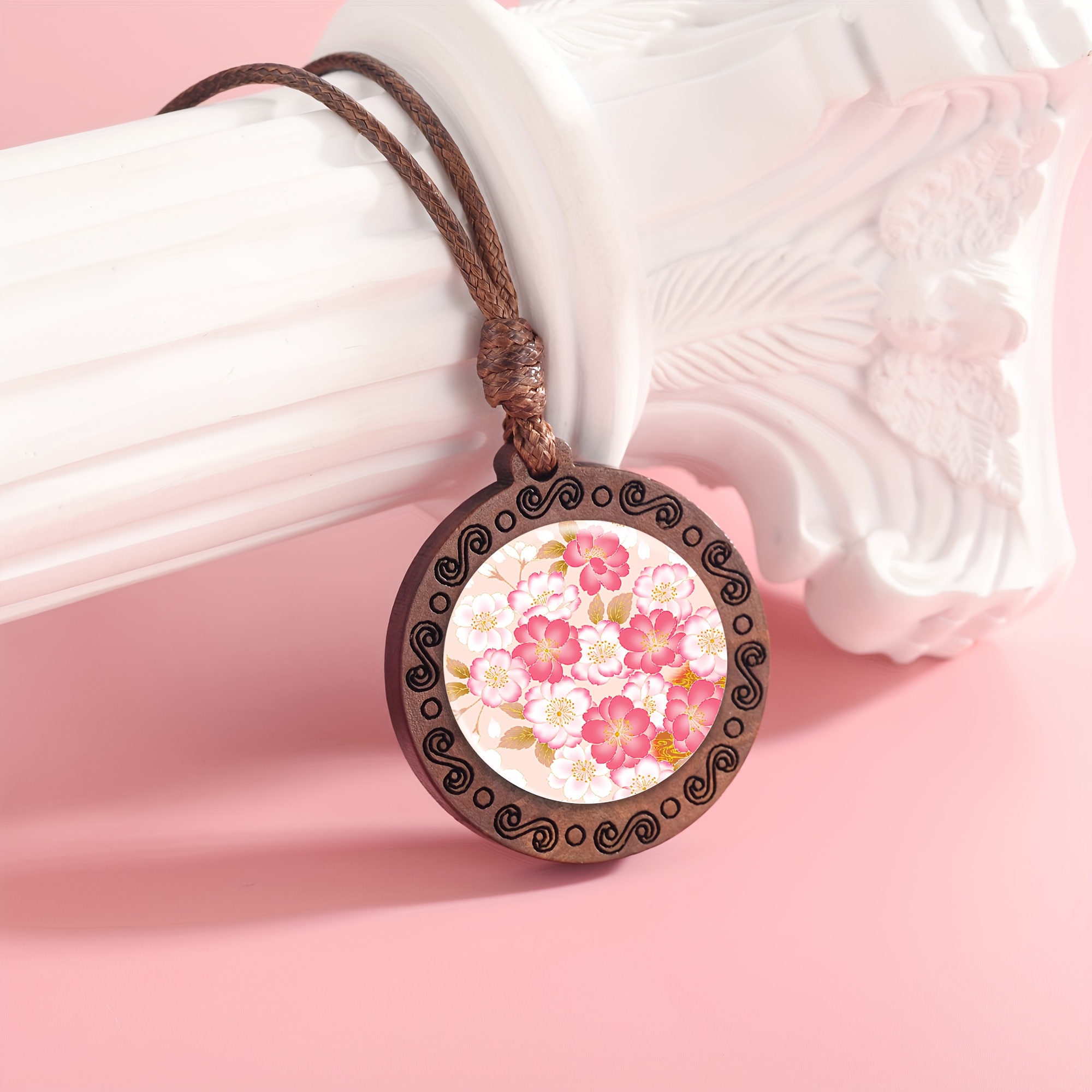 Handmade Pink Floral Pattern Wooden Pendant Necklace